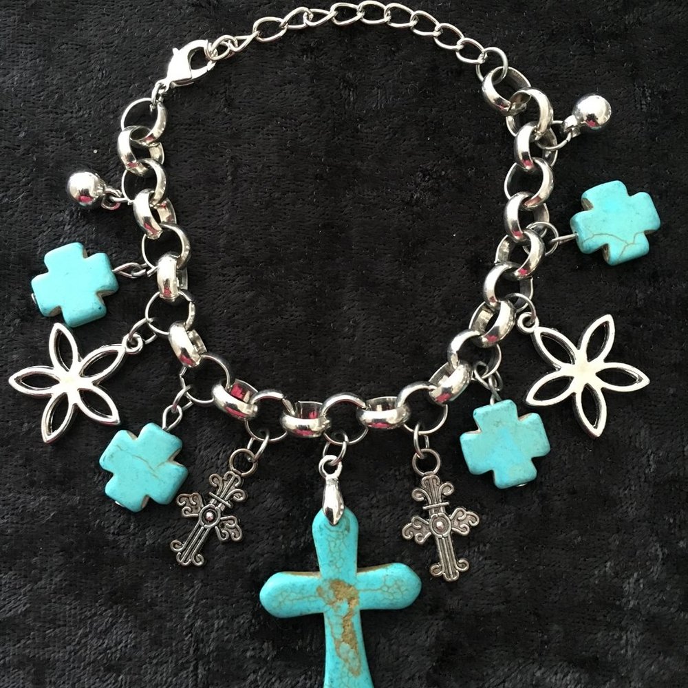 Multi-Cross & Flower Turquoise Charm Bracelet